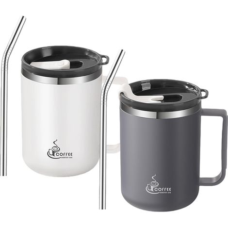 Lot de 2 gobelets isothermes en acier inoxydable 430 ml - Double paroi - Sans BPA - Avec couvercle et paille - En acier inoxydable 304 - Pour bureau, maison, école, blanc lait (1/5)