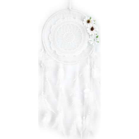 Pendentif attrape-rêves en plumes et fleurs blanches de style latino-américain, idéal pour la décoration de mariage. (1/5)