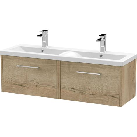 Winshill Contemporary 2 Drawer Wall Hung Vanity Unit with Double Basin, Light Oak, 1200mm