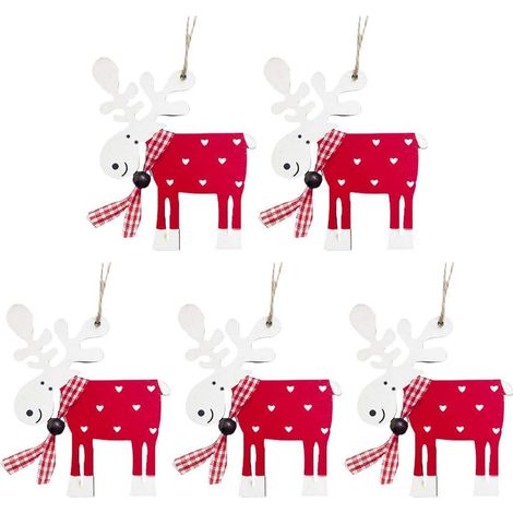 5 Décorations de sapin, renne en bois, motif houx rouge, suspension festive, pour maison et bureau (1/5)