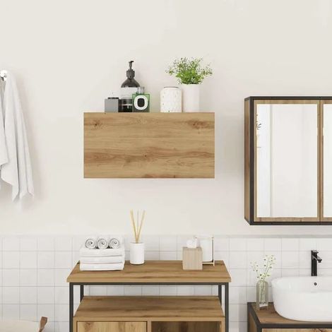 Armoire de Rangement Murale pour Salle de Bain en Bois d'Ingénierie Chêne, Meuble Suspendu avec Étagères, Design Moderne et Étanche (1/5)
