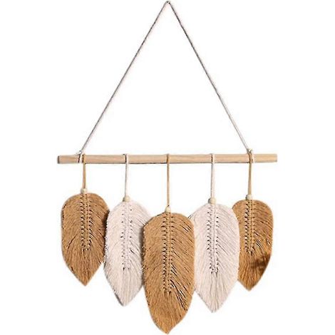 Décoration murale en macramé faite à la main, composée de feuilles, de plumes de coton et de feuilles tressées, pour la décoration de portes et de porches. (1/5)