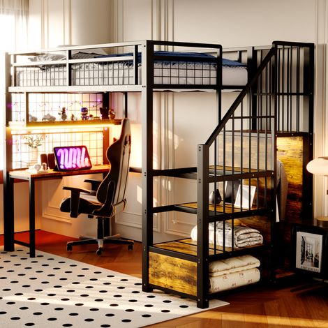 Hochbett Metall/MDF schwarz 90x200 cm mit Schreibtisch, Lichtleiste, Steckdosen und Stauraumtreppe (1/5)
