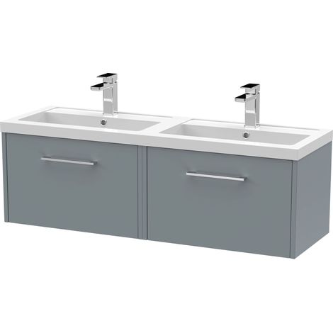 Winshill Contemporary 2 Drawer Wall Hung Vanity Unit with Double Basin, Grey, 1200mm