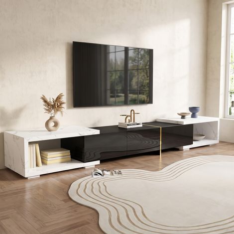 Meuble TV Extensible 140-260 cm avec Fonction Rotative et Rangement, Style Moderne, Noir et Effet Marbre Blanc (1/5)