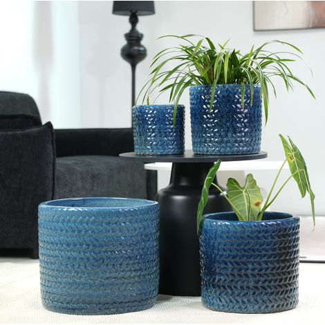 Maceta de cerámica Ø17,5 cm azul oscuro relieve chevron DESVIAE (1/5)