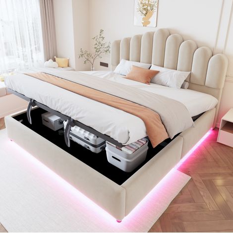 Cama con almacenamiento de 180x200 cm con sistema hidráulico, iluminación LED y cabecero tapizado en terciopelo - beige. (1/5)
