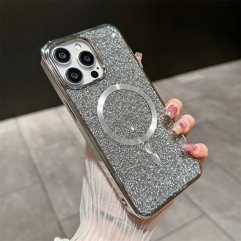 (Argent, iPhone 12) Étui de téléphone magnétique luxueux orné de diamants scintillants, compatible avec la recharge sans fil MagSafe.