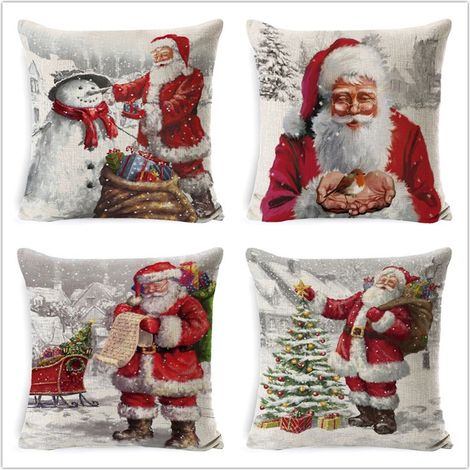 Lot de 4 taies d'oreiller de Noël en coton et lin Père Noël élan 45x45 cm vides