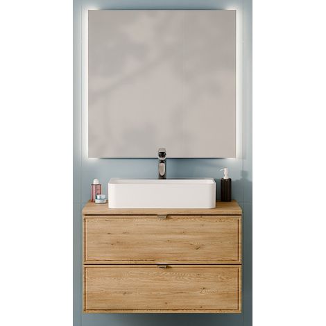 Ensemble Meuble Vasque 80 cm + Plateau + Vasque posée + Miroir LED assorti - L 80 x P 46 x 52,5 cm - Caldera Clair - Livraison gratuite