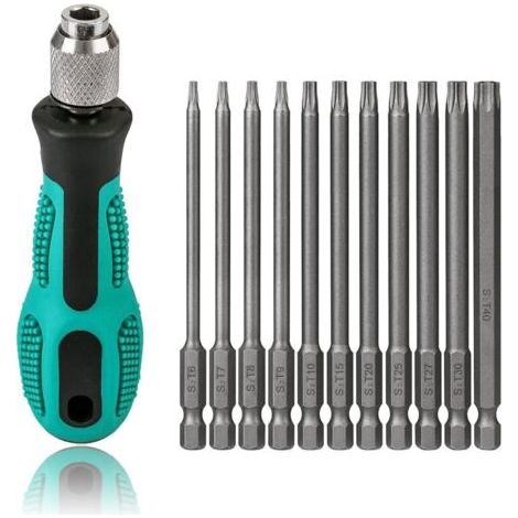 T6-T40 Tournevis Torx 12 pièces 100 mm de long Jeu de bits magnétiques Torx avec T30 et poignée, tige hexagonale 1/4 pouce Outils électriques pour visseuse sans fil T20 T25 Tournevis (1/5)