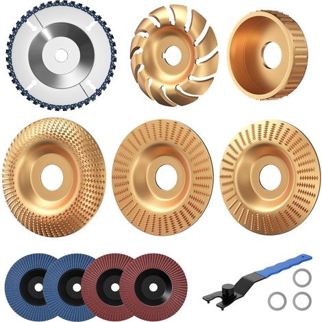 11-teiliges Holztrennscheiben-Set für Winkelschleifer, inklusive Holzschleifscheiben, Frässcheiben, Lamellenschleifscheiben, Universalschlüsseln und Adapterringen zum Schneiden, Schnitzen, Schleifen u (1/5)