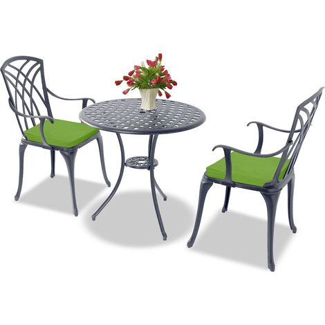 Homeology OSHOWA Grey Aluminium Weatherproof Outdoor Table and 2 Chairs Bistro Set with Green Cushions (1/5)