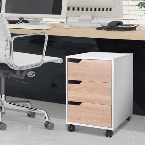 Cajonera de Oficina con Ruedas Mueble Archivador con 3 Cajones Cajonera para Escritorio Estudio 40x50x57,5 cm Roble y Blanco (1/5)