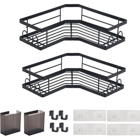 Schwarze Badezimmerregale von , Aufbewahrung und Organisation im Badezimmer, Duschablagehalter ohne Bohren, Badezimmerzubehör, Zweierpack mit Haken (1/4)