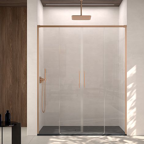 Mampara de ducha frontal  2 Fijos y 2 Puertas Corredera 180x195 cm Oro Rosa Cristal templado Antical transparente 6mm (1/5)
