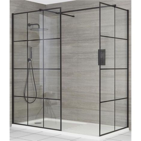 Milano Barq Black Corner Walk In Wet Room Shower Enclosure with Grid Pattern Screens Support Arms and White Tray with Drying Area - 1400mm x 900mm (1/5)