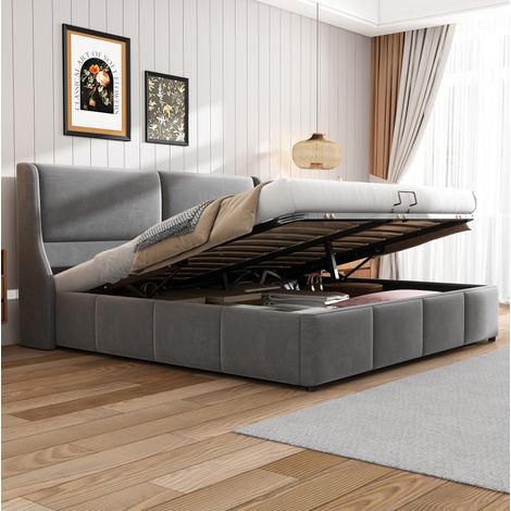 Lit double rembourré classique moderne 180x200 cm velours gris avec tête de lit à oreilles, sommier à lattes et coffre (1/5)