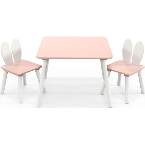COSTWAY Tavolo Bambini con Sedie, Set Tavolo e Sedie in Legno per Bambini 3-6 anni con Schienale a Forma di Coniglio, Tavolino con Sedie per Giocare, Disegnare e Leggere, Capacità di 40 kg (Rosa) (1/5)