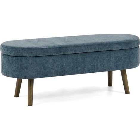 Panca contenitore imbottita in chenille blu 110x40x42 cm con gambe in legno e coperchio a ribalta (1/5)