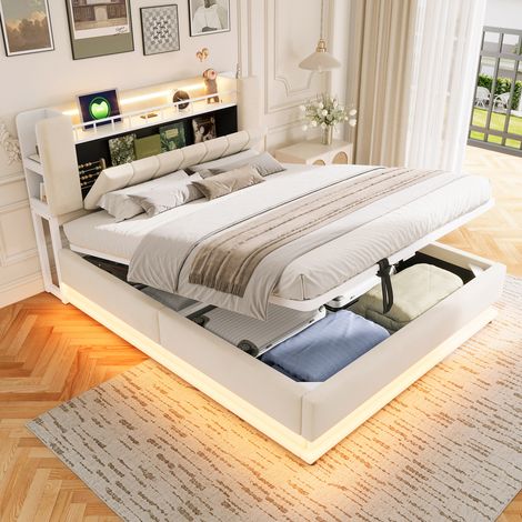 Chambre adulte : gagnez de l'espace avec ce lit coffre 160x200 cm en velours beige, rangements intégrés, LED et USB (1/5)