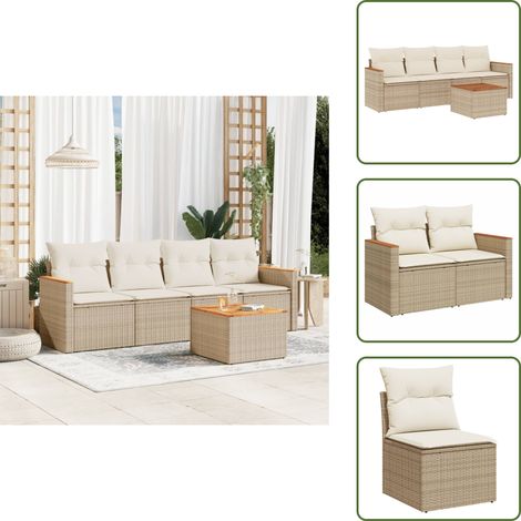 5-tlg. Garten-Sofagarnitur mit Kissen Beige Poly Rattan - Gartensorte - Gartenmöbelset - Outdoor-Lounge - Rattan Gartenmöbel - Lounge Set (1/5)