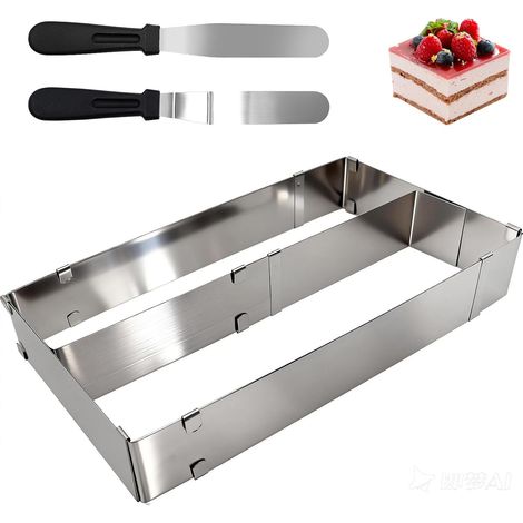 Adjustable Rectangular Baking Frame - Expandable Stainless Steel Cake Pan with Separator and 2 Spatulas, Dishwasher Safe Square Cake Pan for Preparing (1/5)