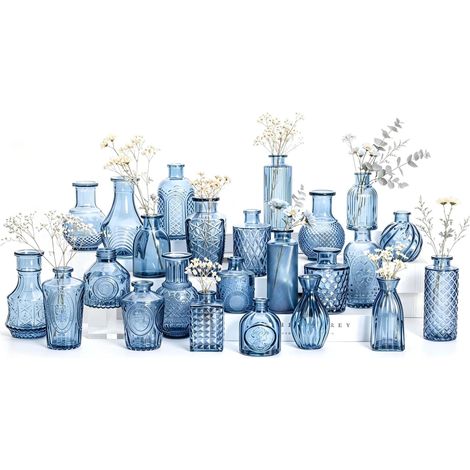 Lot de Petits vases en Verre Transparent avec couvercles pour décoration de Table, Mariage, réception, Maison, Bouteilles Vintage (Bleu, 24) (1/5)