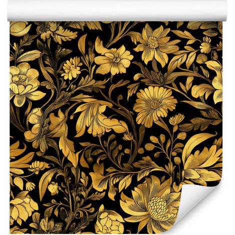 Carta da parati con ibisco dorato, ocra, oro e nero per soggiorno e camera da letto, 50x1000 (1/5)