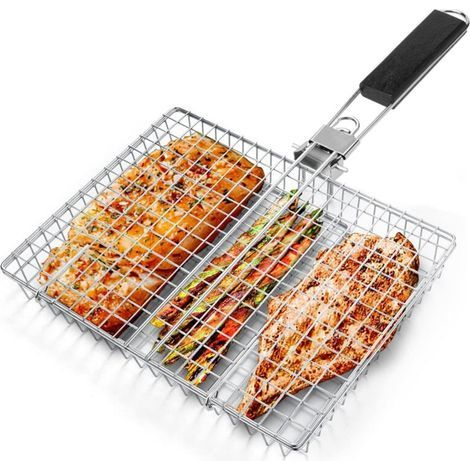 Panier Grille pour Barbecue, Pliable en Acier Inoxydable, pour la Cuisson des Poissons, Légumes ou Crevettes (1/4)