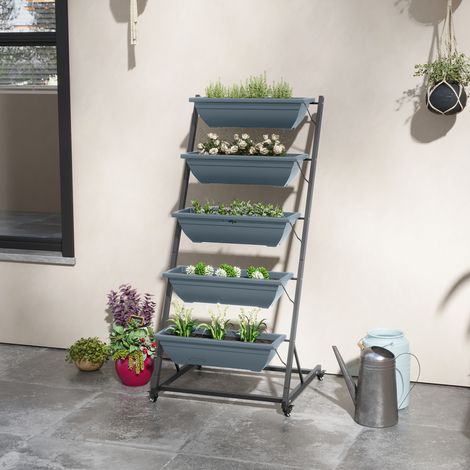 Pflanzentreppe Blumentreppe Pflanzenregal, stapelbar, wetterbeständig, 65 x 67 x 145 cm, Grau + Schwarz