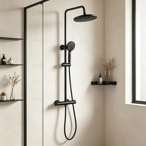 Colonne de Douche Noir, Ensemble de avec Mitigeur Thermostatique, Réglable en Hauteur, Rond, Montage Mural, Salle de Bain (1/5)