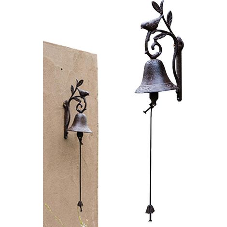 Sonnette de porte rustique vintage en fer forgé avec motif d'oiseau et de branche (noire) (1/5)