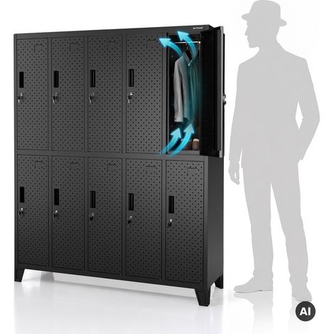 Armoire vestiaire de sécurité, à casiers, perforée, 10 casiers, noire, 1360x1720x450 mm: BARTEK PRO