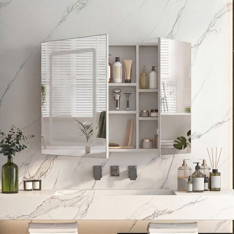 Armoire de toilette suspendue 70×60×13,5 cm, miroir LED à 3 couleurs,2 portes avec Rangements, Étagères réglables,anti-buée, miroirs double face (1/5)