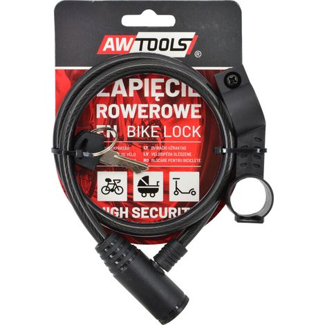 AWTOOLS - Candado de bicicleta FI 8 x 65cm, ideal para seguridad de bicicletas, diseño resistente, alta flexibilidad, fácil de usar, perfecto para uso urbano y profesional.