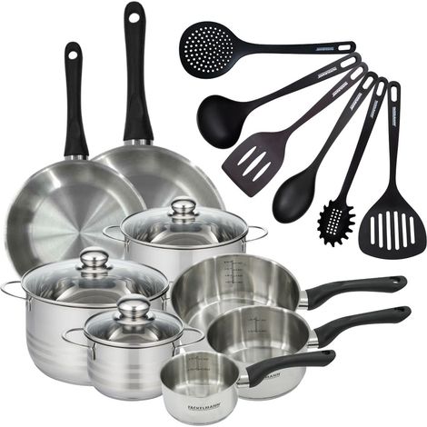 Set 2 poêles 24 28 cm 3 casseroles 12 16 20 cm, 3 faitouts 16, 20 et 24 cm en inox et 6 ustensiles RPET Fackelmann Geneva (1/5)