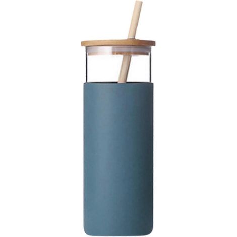 Gobelet isotherme 500 ml avec couvercle, en verre incassable, assorti aux gobelets à café glacé et à paille pour la maison (bleu foncé) (1/5)