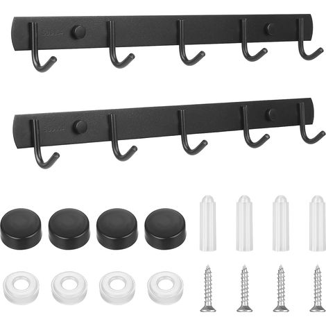 2 Pcs Support ustensiles cuisines, porte ustensiles de cuisine muraux avec 5 crochets, barre cuisine ustensile en noir pour tasses, mugs, casseroles et poêles, salle de bain ou chambre (1/5)