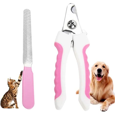 Cortaúñas para perros y gatos con lima integrada – Mascotas pequeñas – con protector de seguridad para evitar cortes excesivos (Rosa)