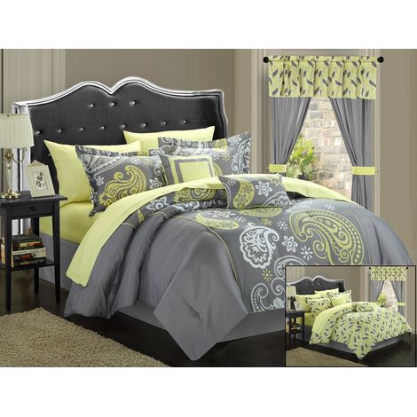 Couette complète réversible 20 pièces – Lit dans Un Sac avec Ensemble de Drap, traitements de fenêtre et oreillers décoratifs – Coton – Gris – Très Grand lit (1/5)