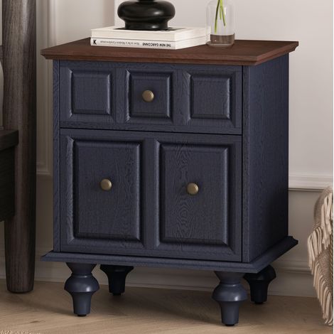 Comodino vintage in MDF blu scuro con 2 cassetti, gambe a colonna in legno massello, 52x40x60,5 cm (1/5)