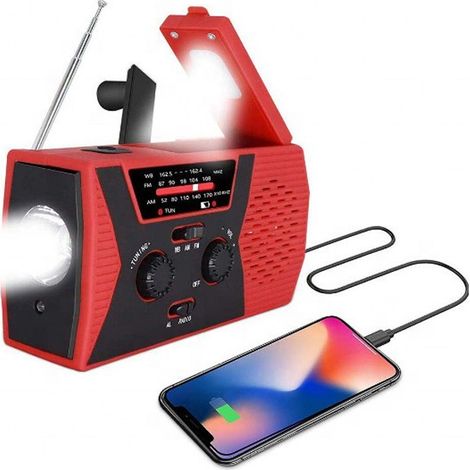 Radio portable rouge aux normes européennes avec manivelle, récepteur universel, équipement, solaire, générateur, urgence, lampe torche. (1/5)