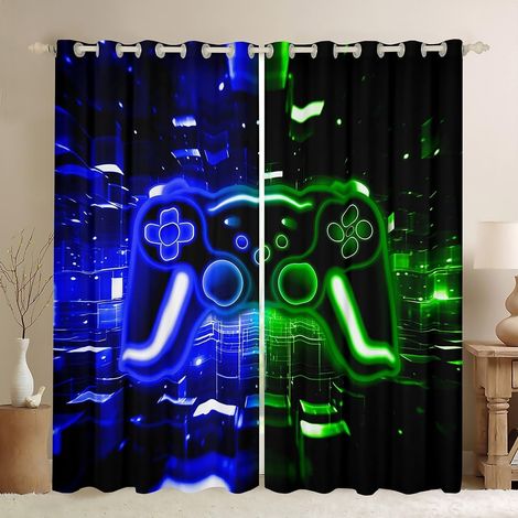 Rideau Occultant 117x137 cm Jeu, Rideau Gamer, Rideaux Voilage Consoles de Jeux Vidéo À Lumière Néon, Voilage Fenetre Cube de Brique Bleu Vert, pour Chambre SalonDécor de Jeux Vidéo - 117L X 137H cm ( (1/5)