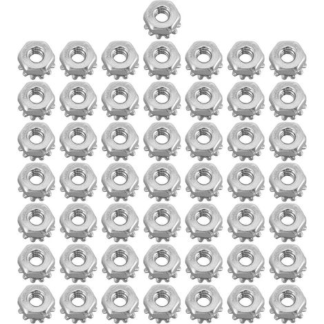 50 Stück Sechskant-Sicherungsmuttern aus Edelstahl, K-Lock-Sicherungen, Mehrzahn-Unterlegscheiben, K-Muttern-1x1cm-Silver (1/4)