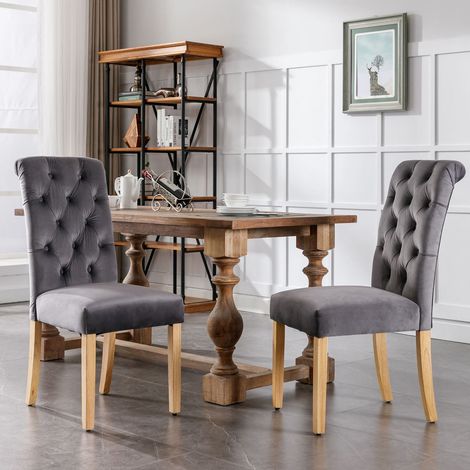 Lot de 2 chaises modernes de salle à manger en velours doux, pieds en chêne, avec boutons et anneau chromé, gris (1/5)