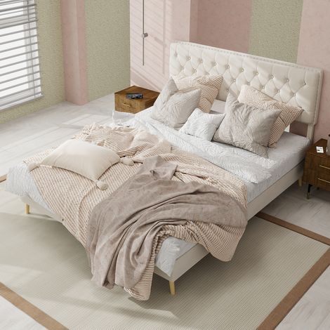 REDOM Lit coffre 140x200 cm Tête rembourrée velours hollandais Tissu et métal Grand rangement beige (Sans matelas) (1/5)