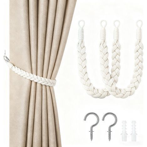 Lot de 2 embrasses pour rideaux en cordon de 60 cm avec boucle et crochets - Embouts tissés à la main - Blanc cassé (1/5)