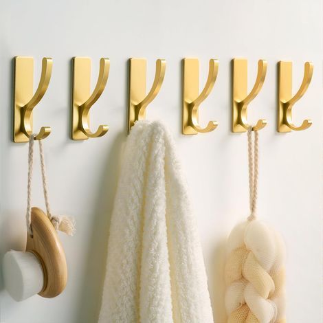 6 Pack Adhesive Wall Hooks for Towels, Coats - Heavy Duty Stick-On Hooks (12 lbs), Metal Hook for Door, Bathroom, Dorm, Closet - Purse, Bag Hanger (1/5)