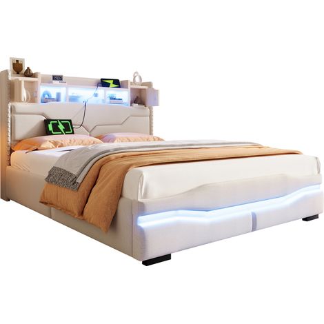 Lit capitonné 140 x 200 cm avec prise USB-C et fonction de charge, bande lumineuse d’ambiance sous le lit, tête de lit avec rangement, lit de rangement hydraulique, sans matelas, avec éclairage LED, b (1/5)